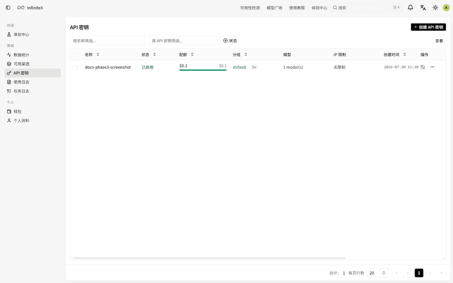 InfiniteX API 密钥策略摘要,显示有限额度、default 分组、单模型和无限制 IP