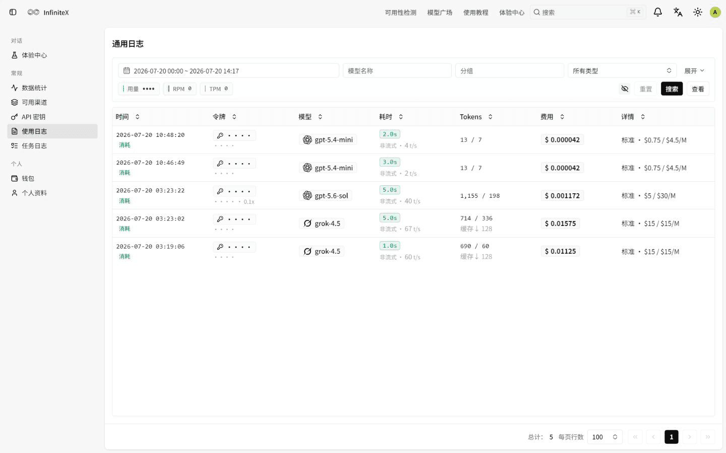 InfiniteX 使用日志页,显示普通用户请求筛选、模型、Token、缓存、耗时和费用列